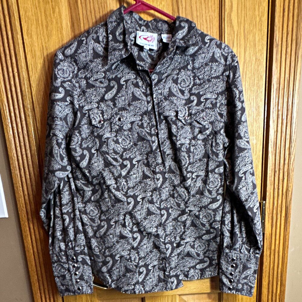 Roper Men's Long Sleeve Paisley Button-Up Shirt, Brown/White, Size L